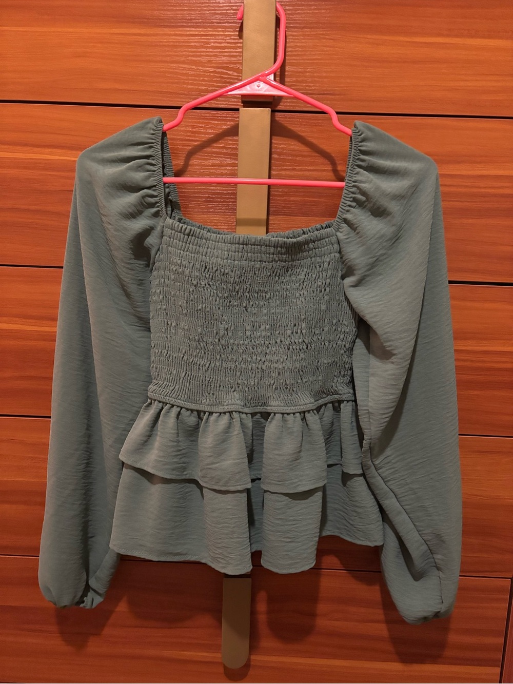 Altar'd State Sage Green Smocked Peplum Long-Sleeve Top